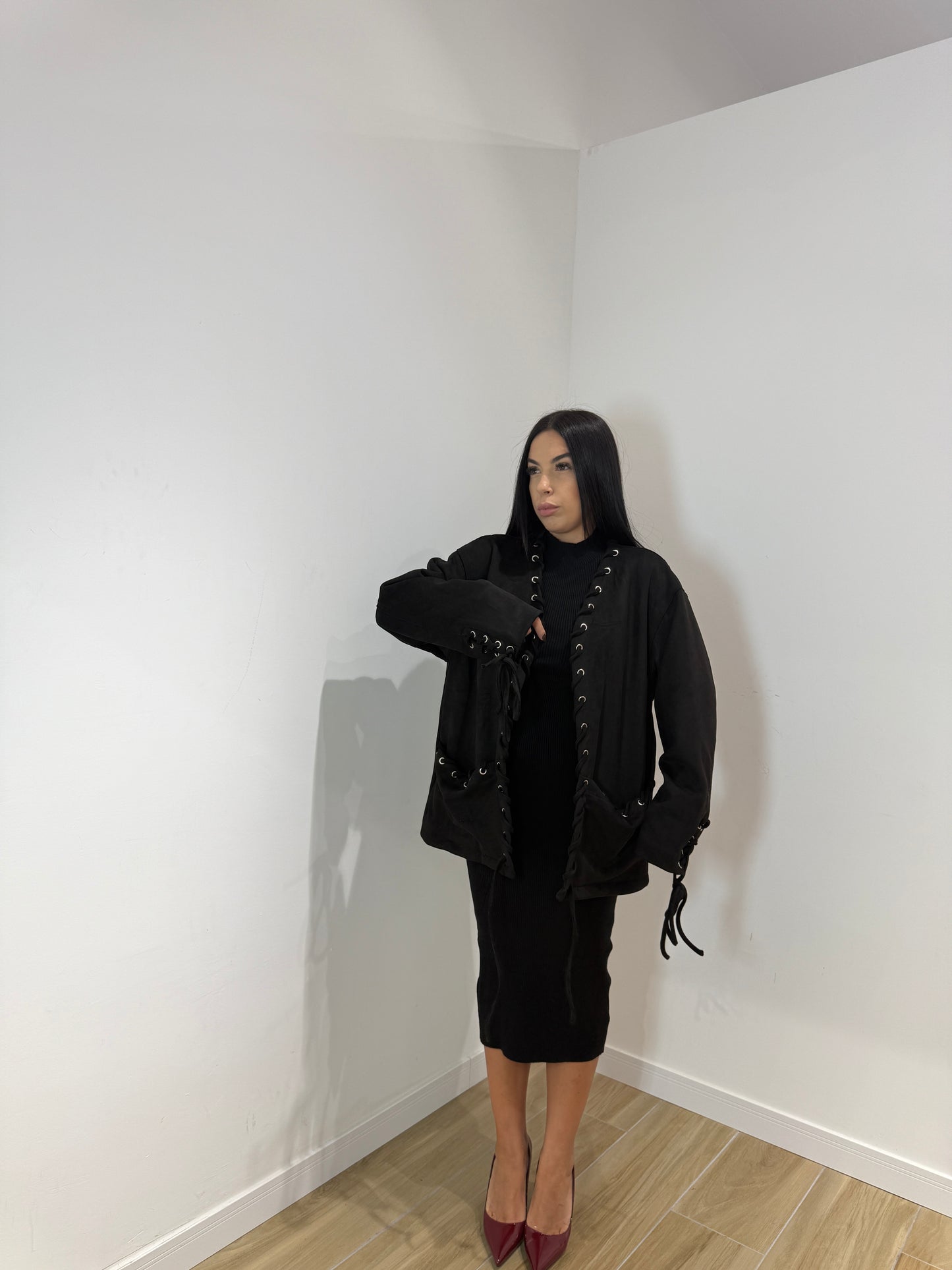 Blazer treccia in ecocamoscio nera