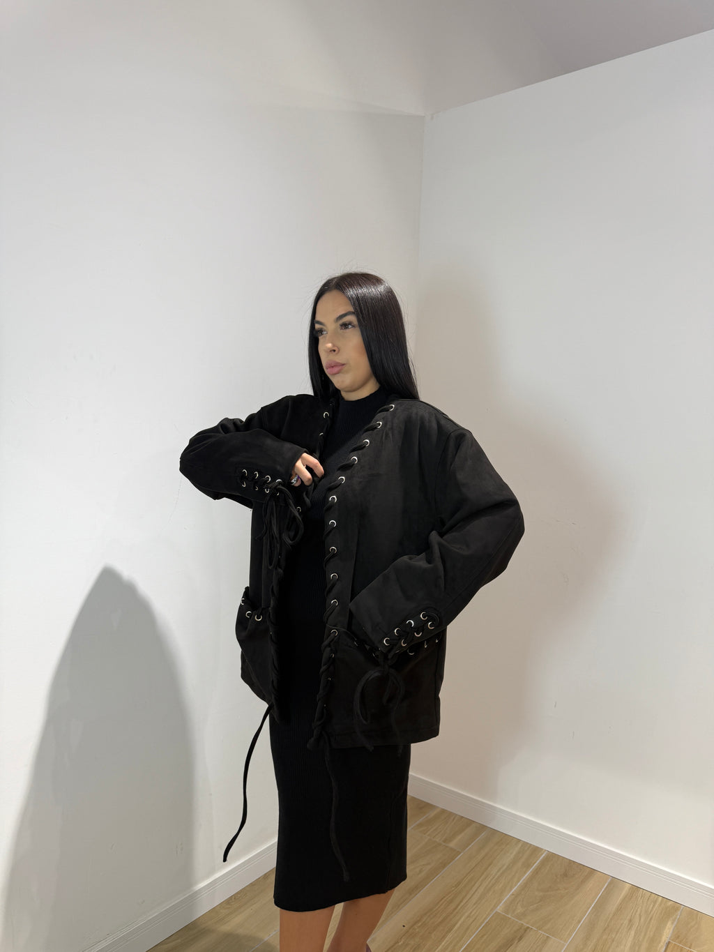 Blazer treccia in ecocamoscio nera