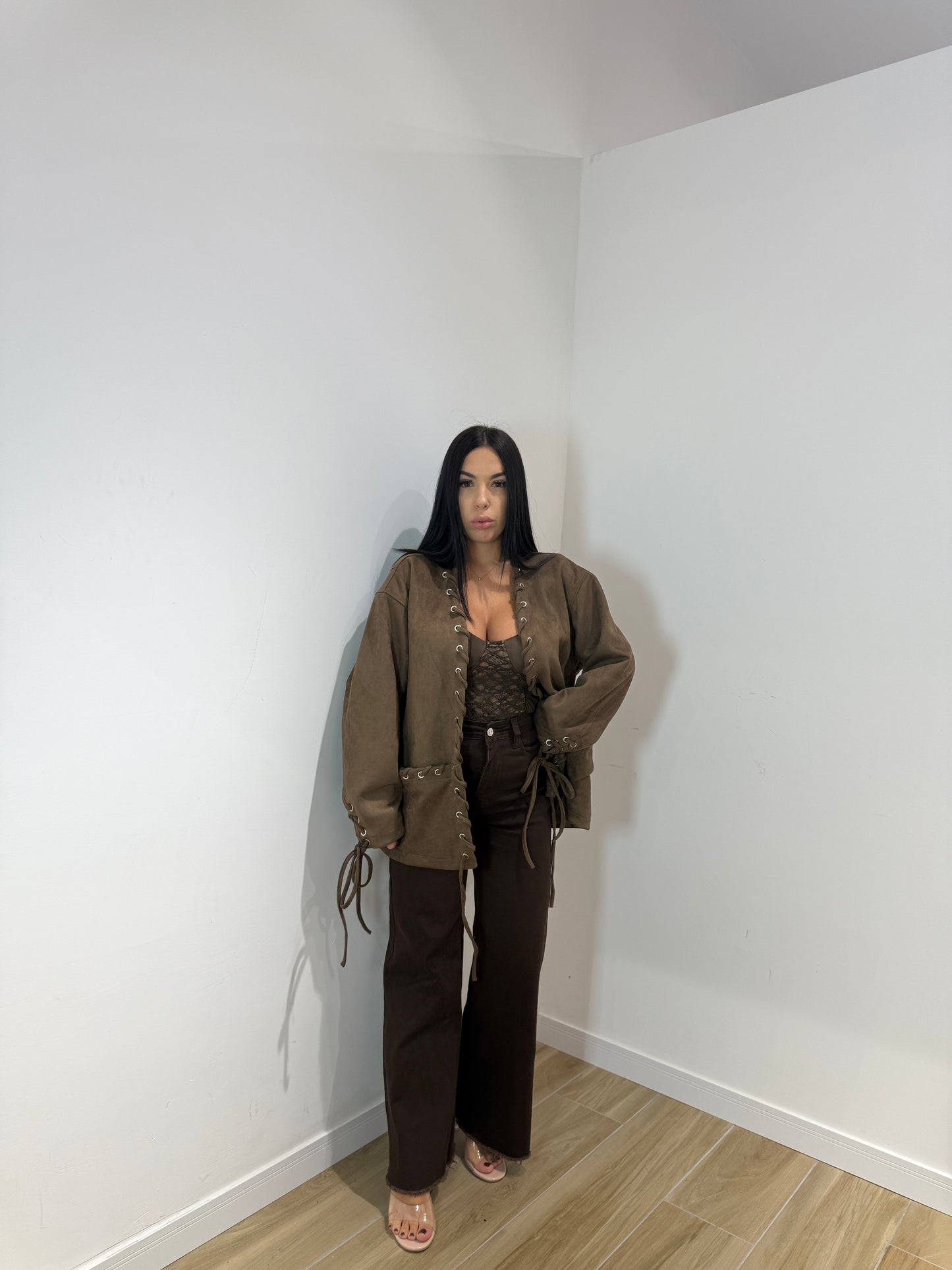 Blazer treccia in ecocamoscio marrone