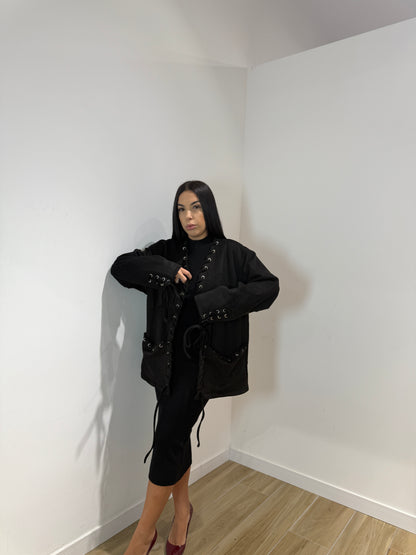 Blazer treccia in ecocamoscio nera