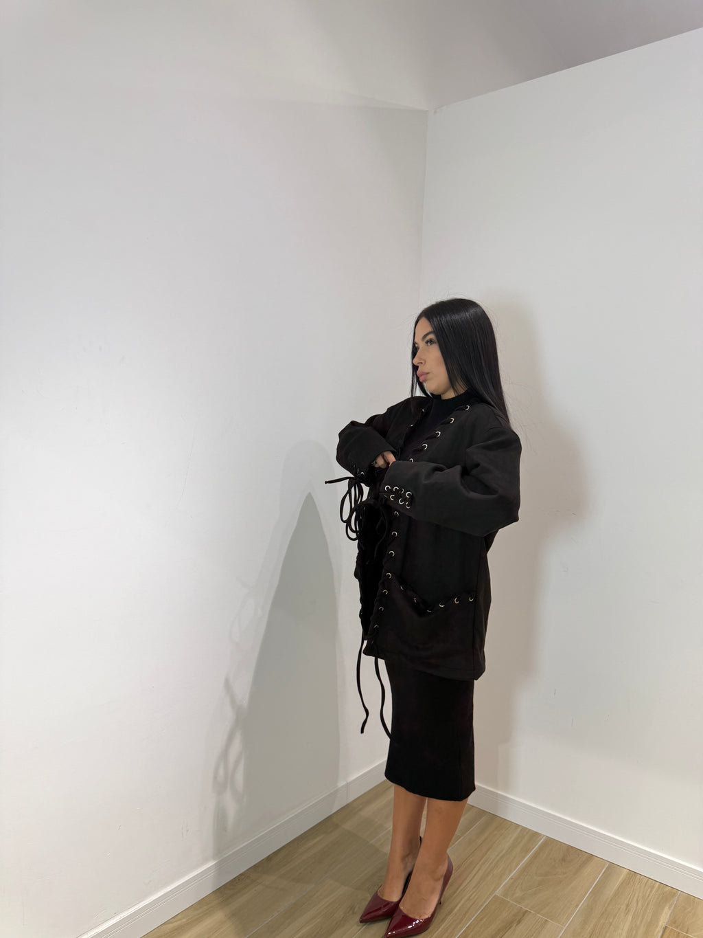 Blazer treccia in ecocamoscio nera