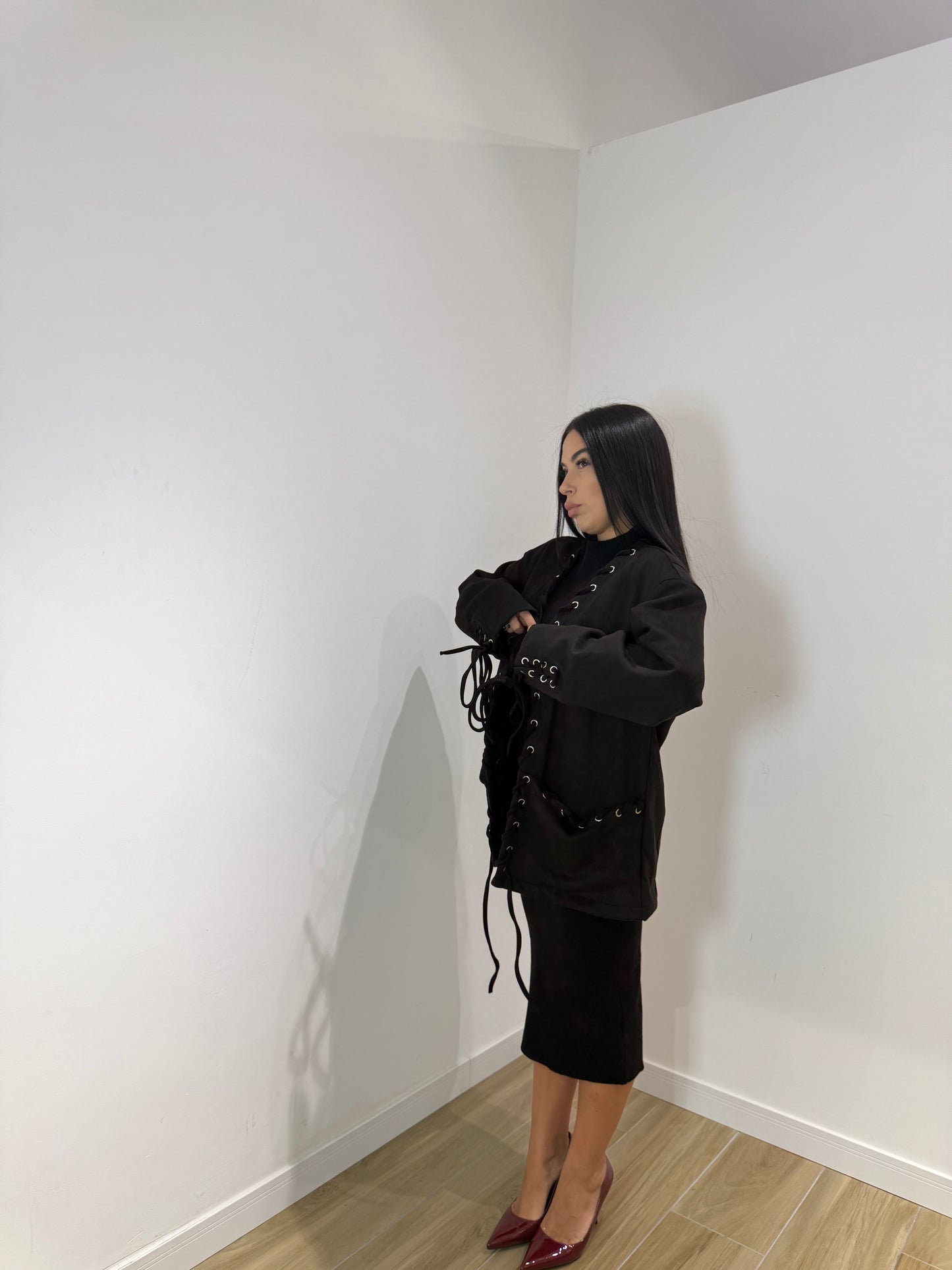 Blazer treccia in ecocamoscio nera